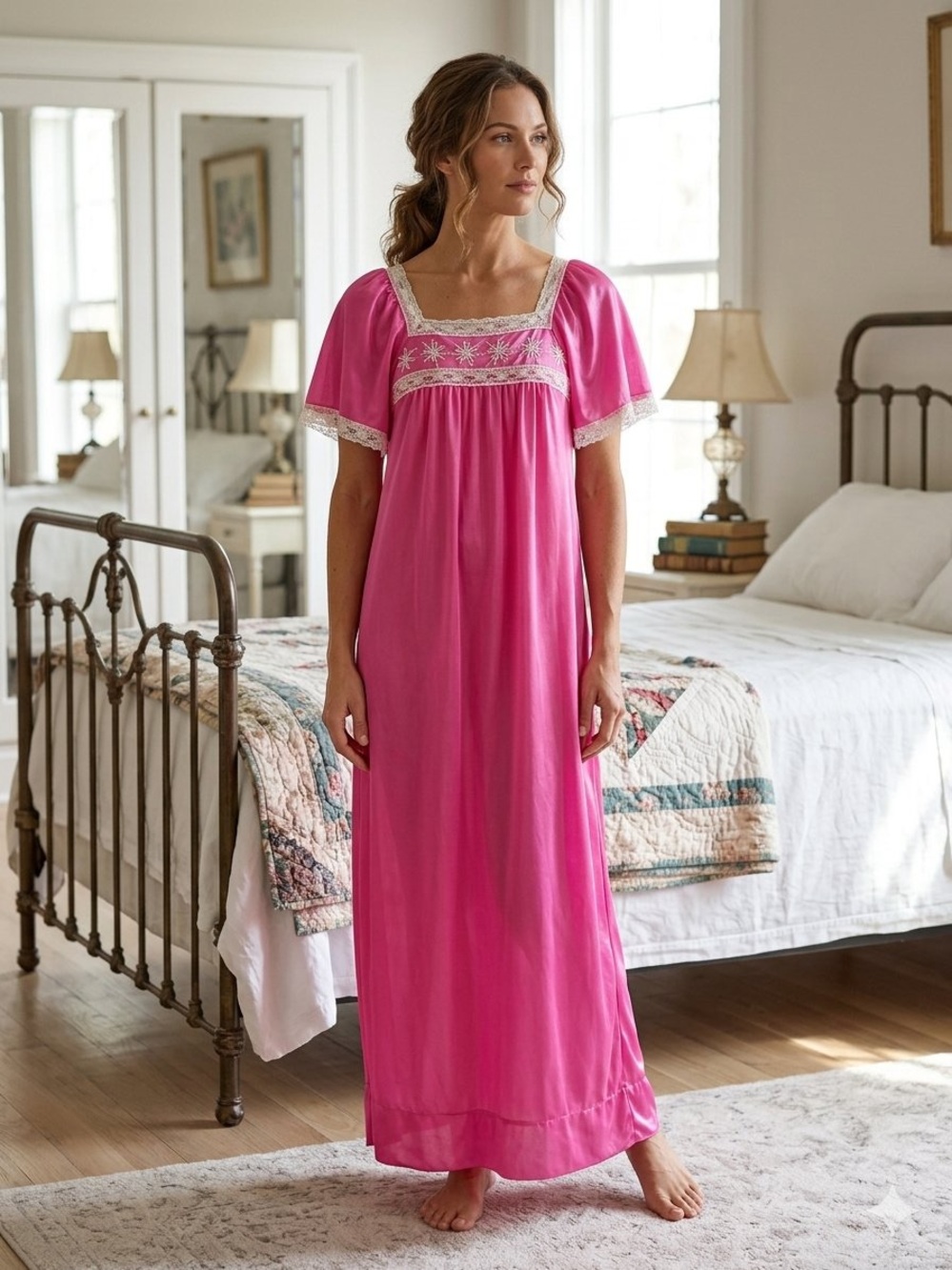 Elegant Pink Embroidered Square-Neck Nightgown